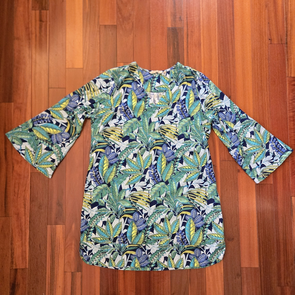Soft Surroundings Tropical Palm Leaf Print Linen Midi Dress Bell Sleeves Casual